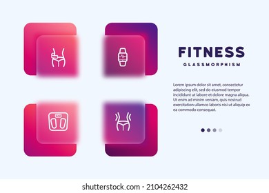 Sport and fitness icon set. Fitness line icons. Contains icons gym, nutrition, cardio exercises, sports supplements, yoga, workout and more. Glassmorphism style.