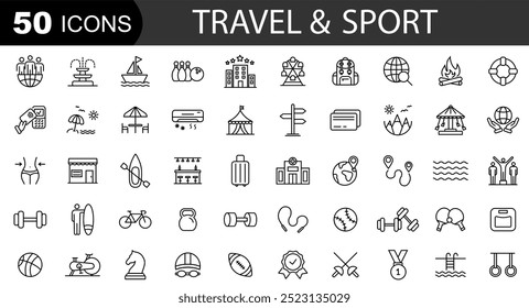 Sport and fitness icon set. Vacation line icons. Collection of travel and vacation icons. Vector illustration