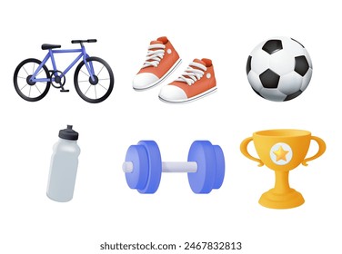 Sport- und Fitness-Icons im 3D-Stil setzen Vektorgrafik-Design. Fitnessgeräte, Sportgeräte, Gesundheitskonzept. Fitnesszubehör, Trainingsartikel, Trainingsmaterial, Sportbekleidung. Fitness-Symbole