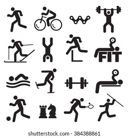Sport fitness icons.
Black Icons with sport, fitness and healthy lifestyle activities. Vector available.
