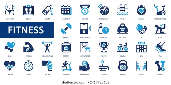 Sport and fitness icons set. Fitness exercise, football, gym, diet, jogging, weight and more line icon.