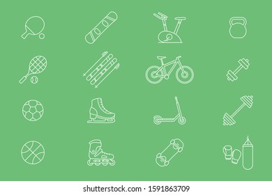 Sport and fitness Icons set - Vector outline symbols of bicycle, ball, ski, snowboard, skates, scooter, skateboard and etc. for the site or interface