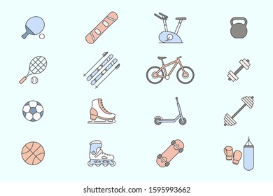Sport and fitness Icons set - Vector color symbols of bicycle, ball, ski, snowboard, skates, scooter, skateboard and etc. for the site or interface