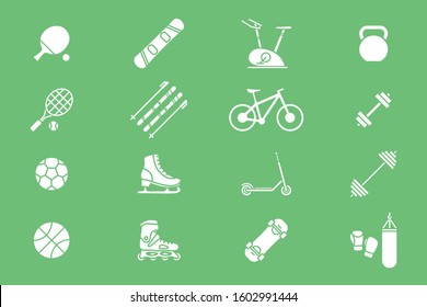 Sport and fitness Icons set - Vector solid silhouettes of bicycle, ball, ski, snowboard, skates, scooter, skateboard and etc. for the site or interface