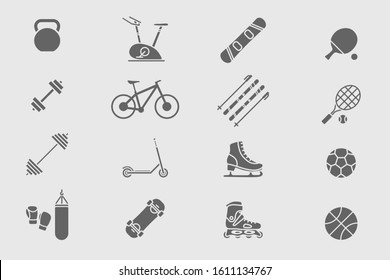 Sport and fitness Icons set - Vector solid silhouettes of bicycle, ball, ski, snowboard, skates, scooter, skateboard and etc. for the site or interface