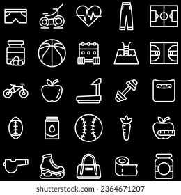 Sport and Fitness Icons Set vector design on black background - Collection of high quality white style vector