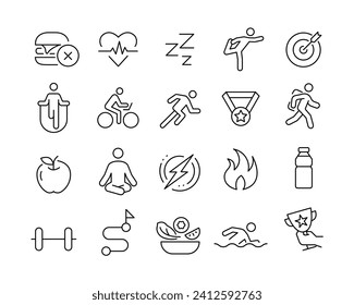 Iconos deportivos y de fitness - Línea vectorial. Stroke editable.