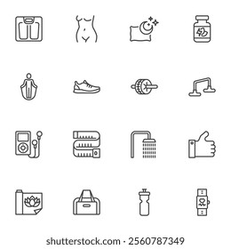 Sport and Fitness line icons set, outline vector symbol collection, linear style pictogram pack. Signs, logo illustration. Set includes icons as sports equipment, slim body, bottle of water, yoga mat