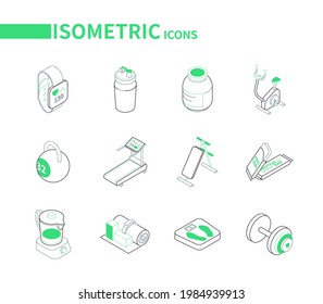 Sport and fitness - line isometric icons set on white background. Workout, training and yoga equipment, healthcare idea. Smart watch, water bottle, vitamins, stationery bicycle, treadmill images