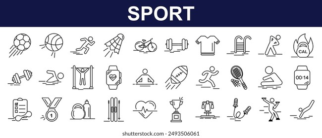 Colección de iconos de Vector Sport and Fitness Line. Un conjunto de iconos de esquema relacionados con el fútbol, las medallas, el gimnasio, las competiciones, el baloncesto, los trofeos, y más. Trazo editable. Ilustración vectorial.