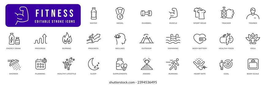 Sport and fitness line web icon set. Gym, muscle, yoga, food etc. Editable stroke