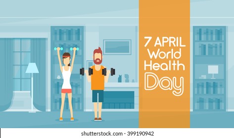 Sport Fitness Man Lifting Weight Exercise Workout Home Interior World Health Day 7 April  Flat Vector Illustration