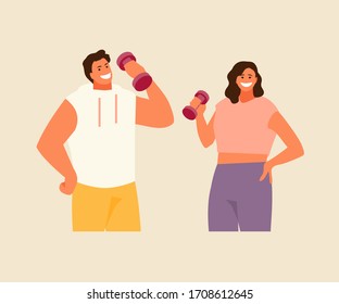 Sport fitness man and woman with dumbbells. Healthy lifestyle vector illustration