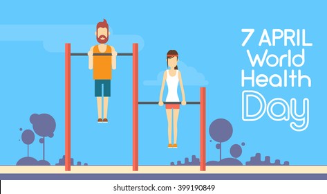 Sport Fitness Man Woman Pull Ups Horizontal Bar Exercise Workout World Health Day 7 April Flat Vector Illustration