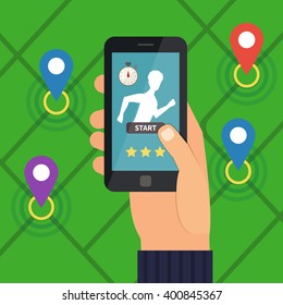 Sport fitness mobile application. Running app on smartphone. Navigation map. Flat design vector