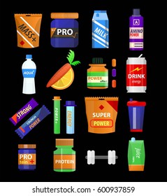 Sport and fitness nutrition and dietary supplements. Energy snack bar, protein drink in shaker cup for muscle mass, vitamin juice water, carrot and gym dumbbell or barbell. Vector flat icons set