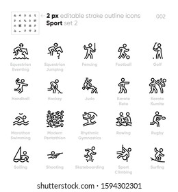 Sport and Fitness outline vector icons. Equestrian Eventing, Fencing, Golf, Hockey, Karate, Rugby, Surfing, Skateboarding. Pixel Perfect Editable stroke