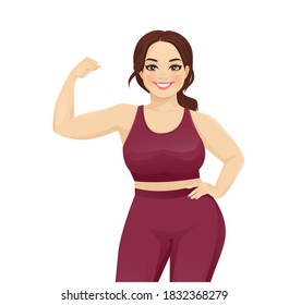 Sport fitness plus size woman showing bicep on her arm isolated vector illustration