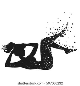 Sport Fitness poster. Abstract background with woman Silhouette of particles.  For print on T-shirt and bags, yoga studio or fitness club. Vector illustration