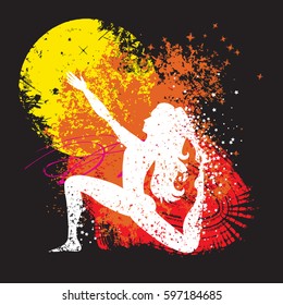 Sport Fitness poster. Abstract background with woman Silhouette of particles.  For print on T-shirt and bags, yoga studio or fitness club. Vector illustration