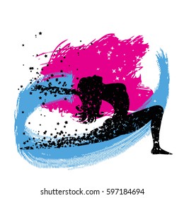 Sport Fitness poster. Abstract background with woman Silhouette of particles.  For print on T-shirt and bags, yoga studio or fitness club. Vector illustration