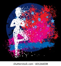 Sport Fitness poster. Abstract background with woman Silhouette of particles.  For print on T-shirt and bags, yoga studio or fitness club. Vector illustration