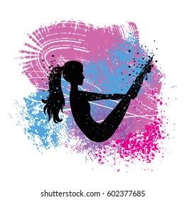 Sport Fitness poster. Abstract background with woman Silhouette of particles.  For print on T-shirt and bags, yoga studio or fitness club. Vector illustration