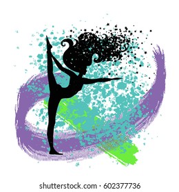 Sport Fitness poster. Abstract background with woman Silhouette of particles.  For print on T-shirt and bags, yoga studio or fitness club. Vector illustration