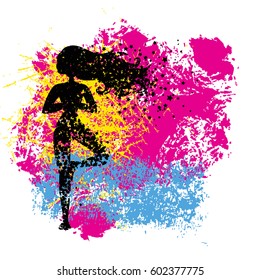 Sport Fitness poster. Abstract background with woman Silhouette of particles.  For print on T-shirt and bags, yoga studio or fitness club. Vector illustration