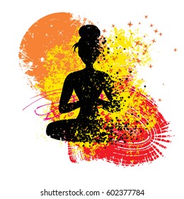 Sport Fitness poster. Abstract background with woman Silhouette of particles.  For print on T-shirt and bags, yoga studio or fitness club. Vector illustration