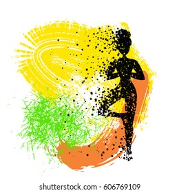 Sport Fitness poster. Abstract background with woman Silhouette of particles.  For print on T-shirt and bags, yoga studio or fitness club. Vector illustration