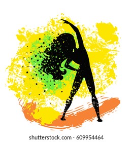 Sport Fitness poster. Abstract background with woman Silhouette of particles.  For print on T-shirt and bags, yoga studio or fitness club. Vector illustration