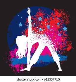 Sport Fitness poster. Abstract background with woman Silhouette of particles.  For print on T-shirt and bags, yoga studio or fitness club. Vector illustration