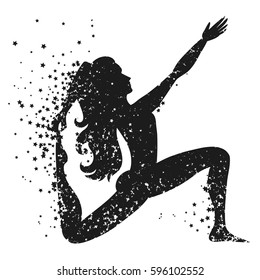 Sport Fitness poster with woman Silhouette of particles.  For print on T-shirt and bags, yoga studio or fitness club. Vector illustration