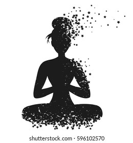 Sport Fitness poster with woman Silhouette of particles.  For print on T-shirt and bags, yoga studio or fitness club. Vector illustration