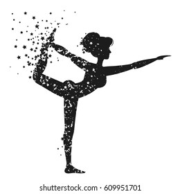 Sport Fitness poster with woman Silhouette of particles.  For print on T-shirt and bags, yoga studio or fitness club. Vector illustration