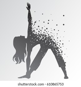 Sport Fitness poster with woman Silhouette of particles.  For print on T-shirt and bags, yoga studio or fitness club. Vector illustration