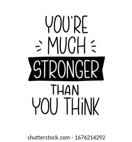Sport and fitness quote vector design with you’re much stronger than you think modern lettering, flag banner and burst clipart on black background to print on card or wall art.