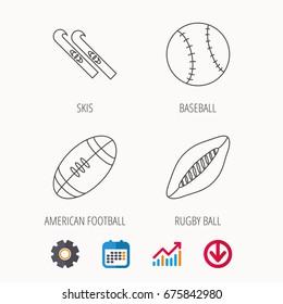 Sport fitness, rugby ball and baseball icons. American footbal, skis linear signs. Calendar, Graph chart and Cogwheel signs. Download colored web icon. Vector