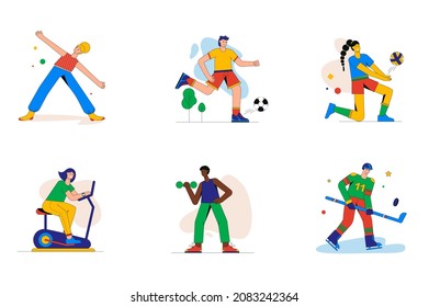 Sport and fitness set of mini concept or icons. People exercise, do yoga, exercise with dumbbells, play football, volleyball or hockey, modern person scene. Vector illustration in flat design for web
