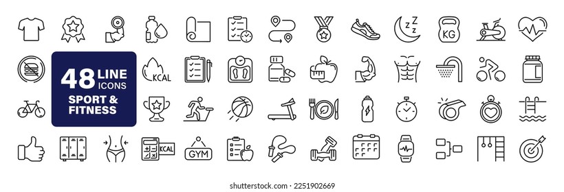 Sport and Fitness set of web icons in line style. Gym and health care. Healthy lifestyle icons. Nutrition and dieting, training, body care, healthy food, workout, muscle, weight and more