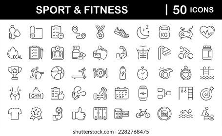 Sport and Fitness set of web icons in line style. Gym and health care. Healthy lifestyle icons. Nutrition and dieting, training, body care, healthy food, workout, muscle, weight and more