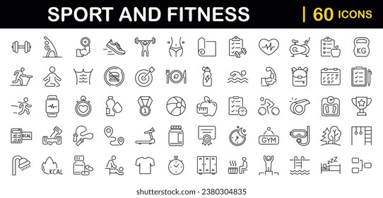 Sport- und Fitness-Set von Web-Icons in Linie Stil. Fitness und Gesundheitswesen. Gesunde Lifestyle-Symbole. Ernährung und Diät, Ausbildung, Körperpflege, gesunde Ernährung, Training, Muskeln, Gewicht und mehr