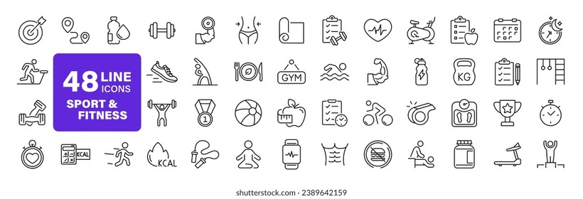 Sport and Fitness set of web icons in line style. Gym and fitness icons for web and mobile app. Healthy lifestyle, exercise, diet, nutrition, weight training, body care, workout. Editable stroke