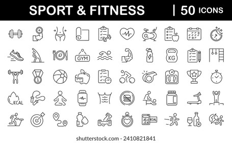 Sport and Fitness set of web icons in line style. Gym and fitness icons for web and mobile app. Healthy lifestyle, exercise, diet, nutrition, weight training, body care, workout. Editable stroke