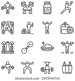 Sport and Fitness set of web icons in line style. Gym and health care. Healthy lifestyle icons. Nutrition and dieting, training, body care, healthy food, 