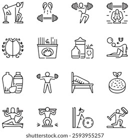 Sport and Fitness set of web icons in line style. Gym and health care. Healthy lifestyle icons. Nutrition and dieting, training, body care, healthy food, workout, muscle, 