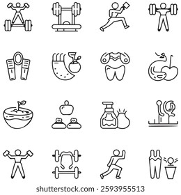 Sport and Fitness set of web icons in line style. Gym and health care. Healthy lifestyle icons. Nutrition and dieting, training, body care, healthy food, workout, muscle,