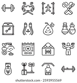 Sport and Fitness set of web icons in line style. Gym and health care. Healthy lifestyle icons. Nutrition and dieting, training, body care, healthy food, workout, muscle, 