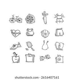 Sport and Fitness set of web icons in line style.